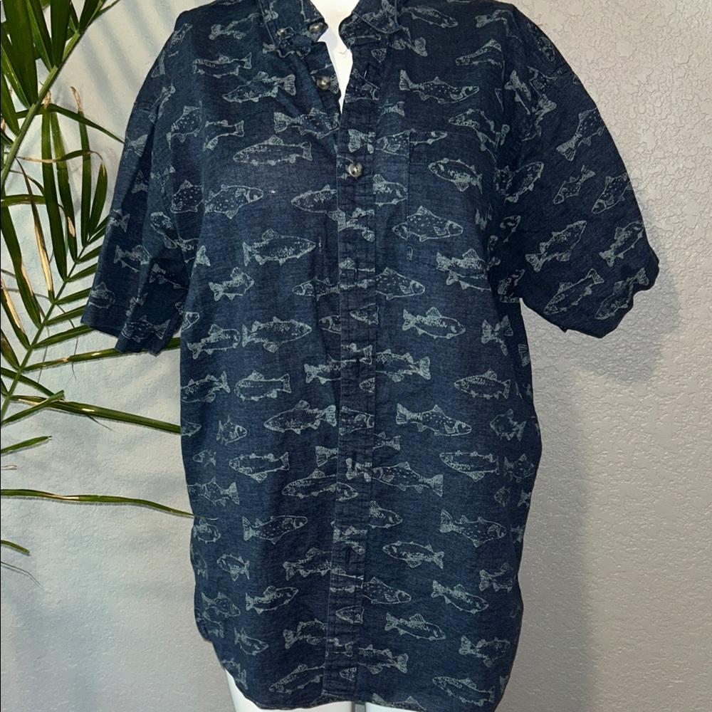 Eddie Bauer Navy blue Fish Print Button-Up Shirt, Classic Fit